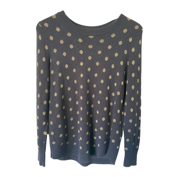 Loft Pullover Navy Gold Wool Blend Polka Dot Knit Crewneck Sweater Size Small - Picture 1 of 7
